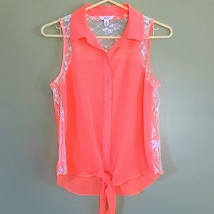 Sheer sleeveless button down top in neon shrimp